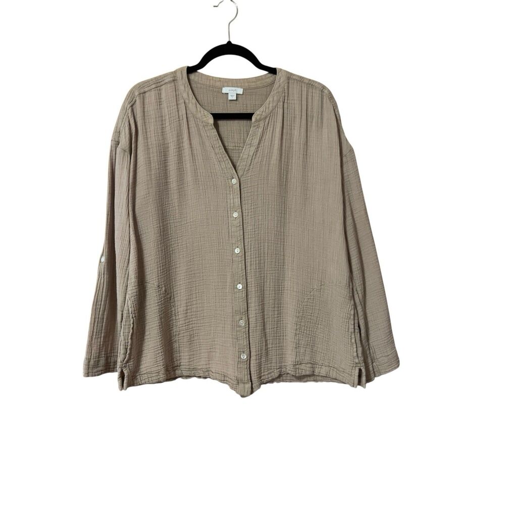 Purejill J. Jill Womens Size S Tan Crinkled Button Front Cotton Long Sleeve Top